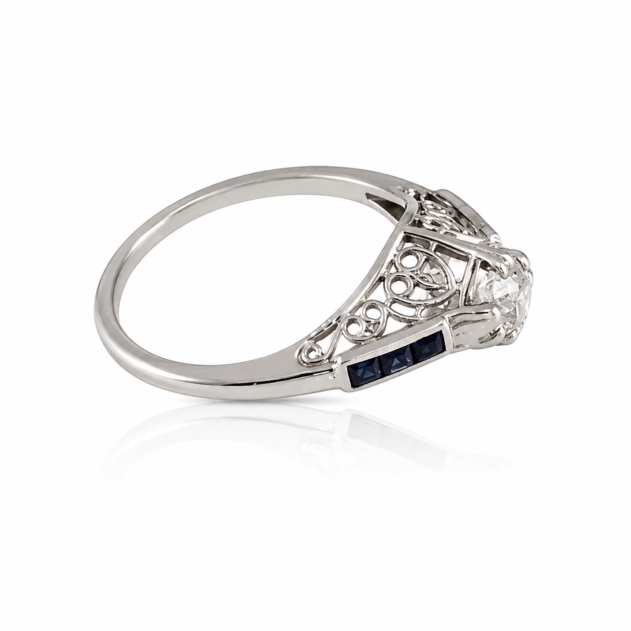 Vintage Art Deco Diamond Sapphire Engagement Ring - Old European Cut Diamond Ring - 18K White Gold Antique Ring
