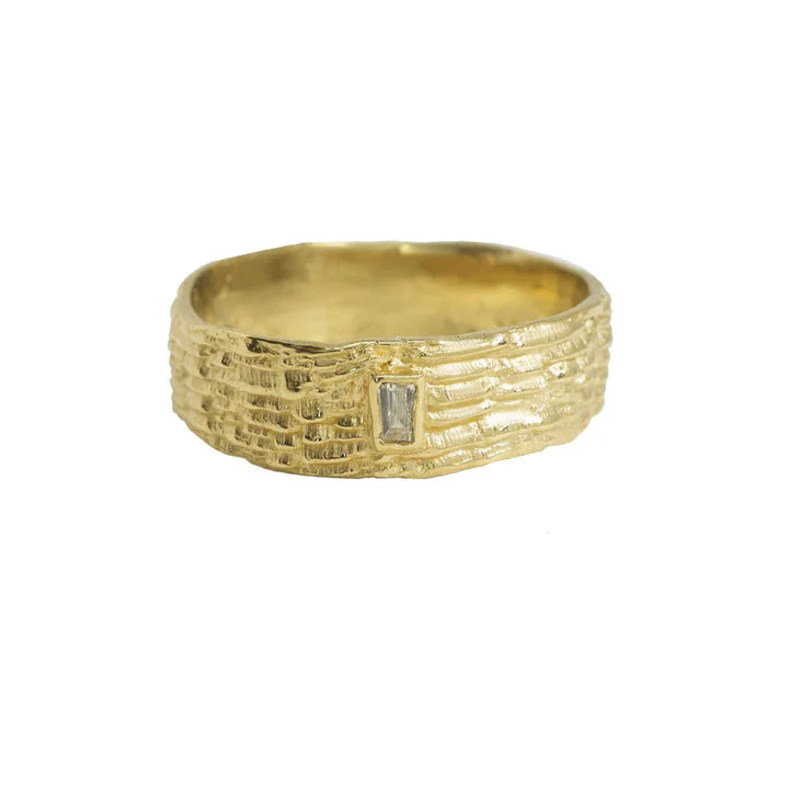 Sparkle Fractured 14k Gold Ring Band with Baguette Diamond