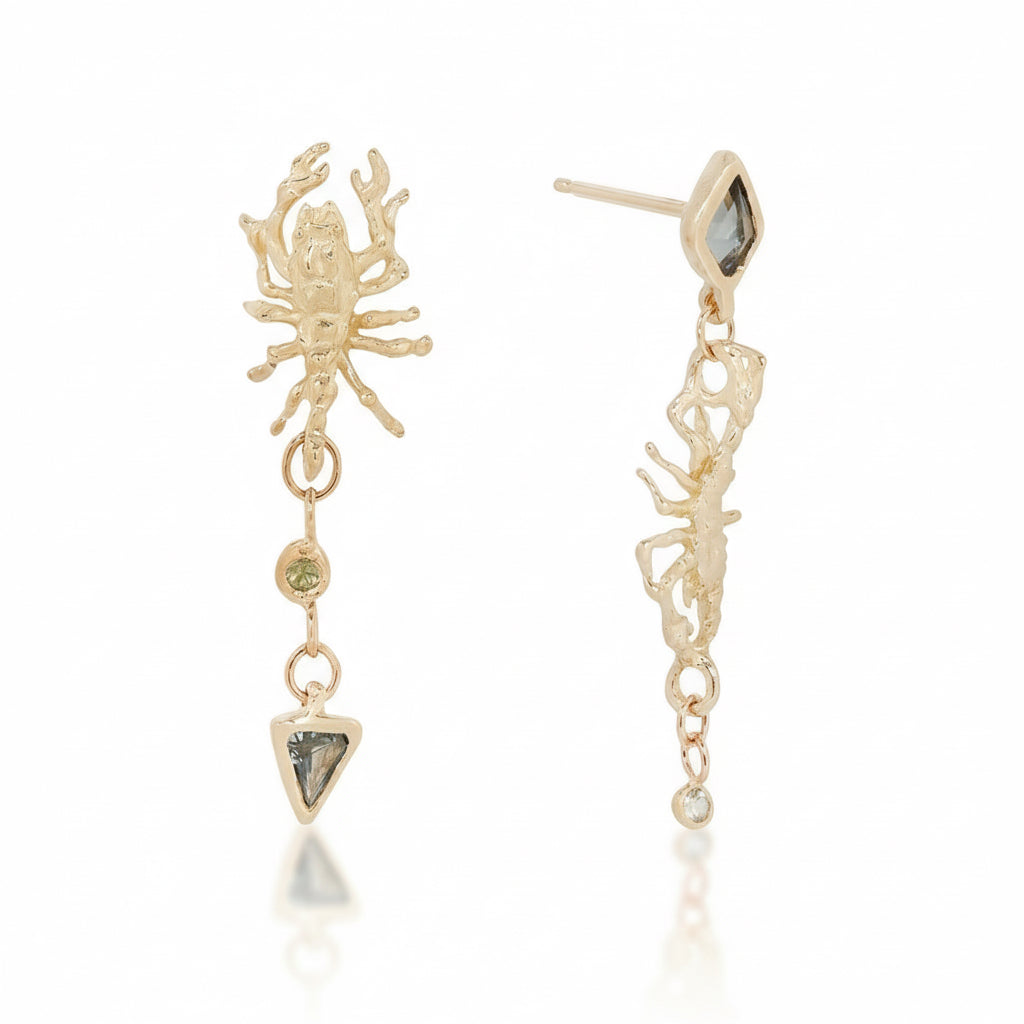 Asymmetrical Scorpion Earrings – 14k Gold & Sapphires