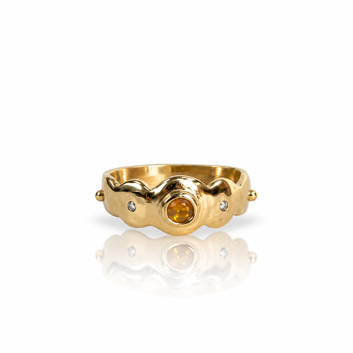 Citrine & Champagne Diamond Scallop Ring - 14k Gold