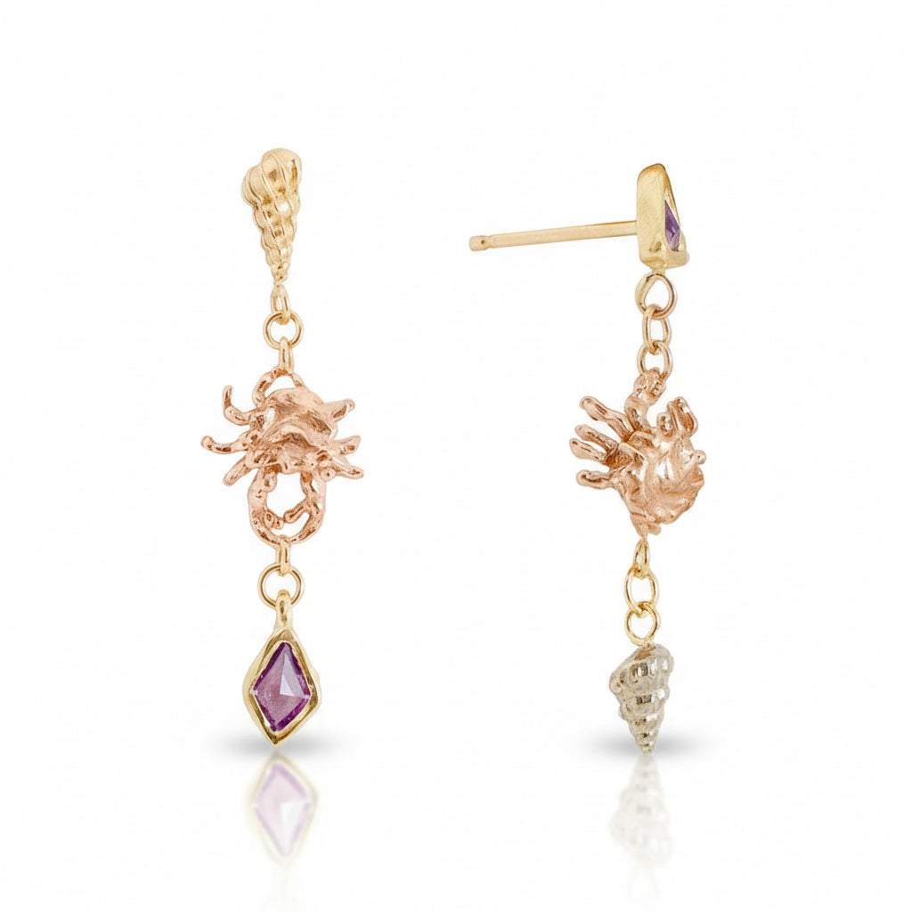 Asymmetrical Crab Earrings – 14k Gold & Sapphires