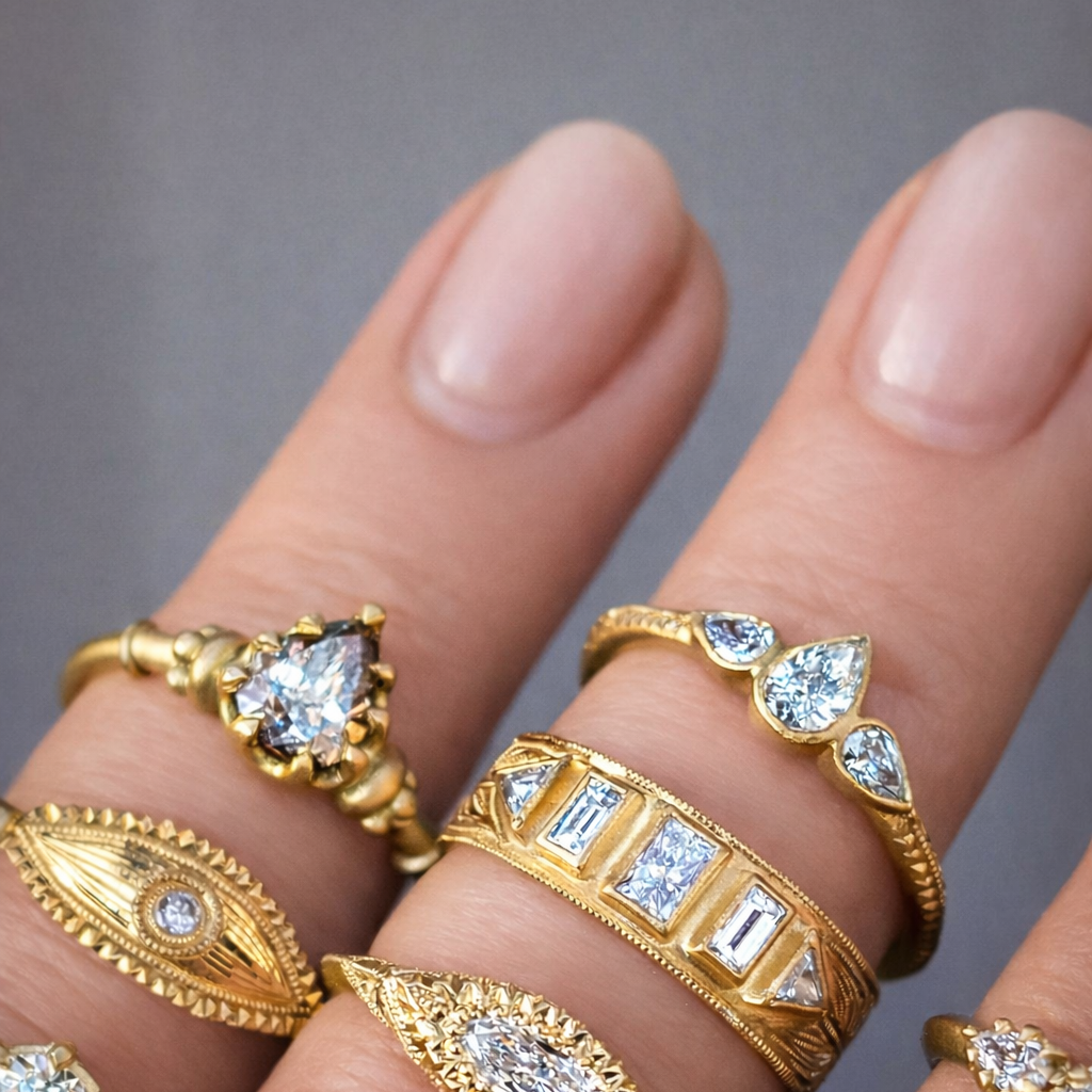 Diamond Pear Trio Engraved Bezel Ring - 18k Gold