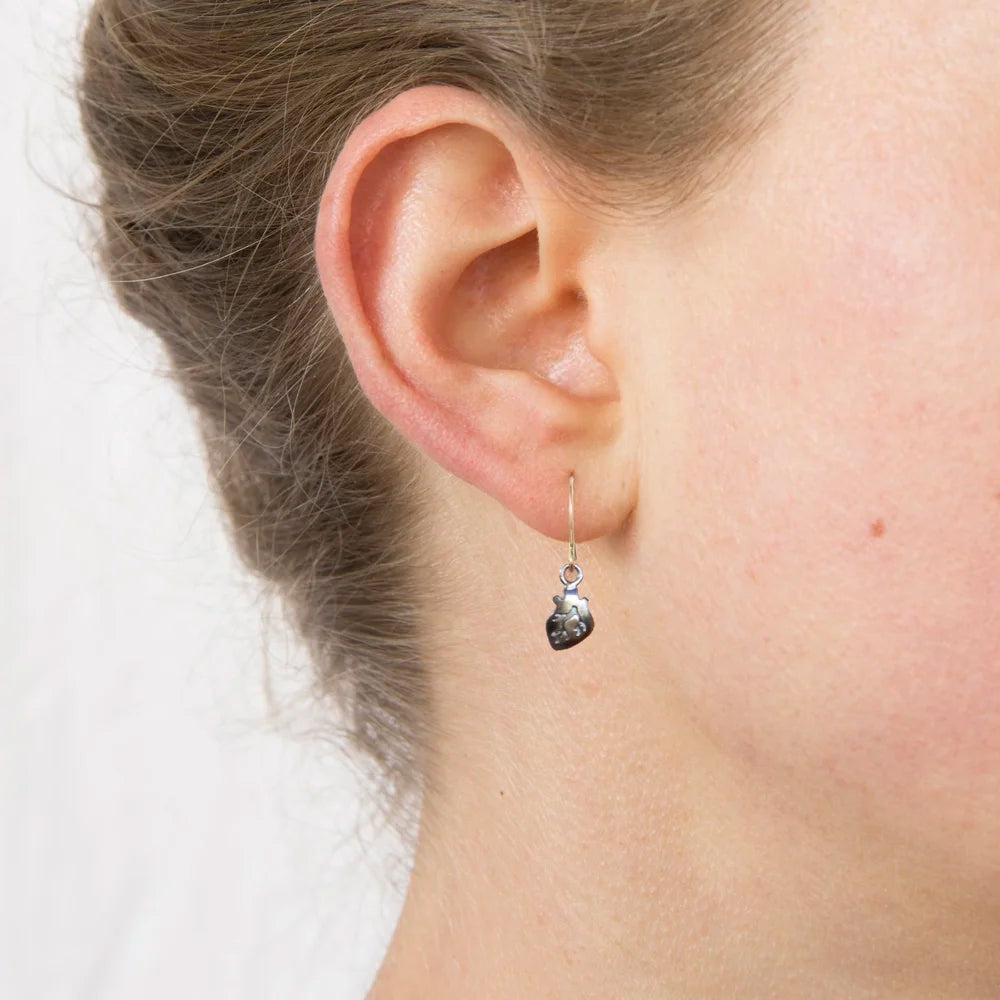 Small Hanging Heart Earrings - Sterling Silver & 14k Gold