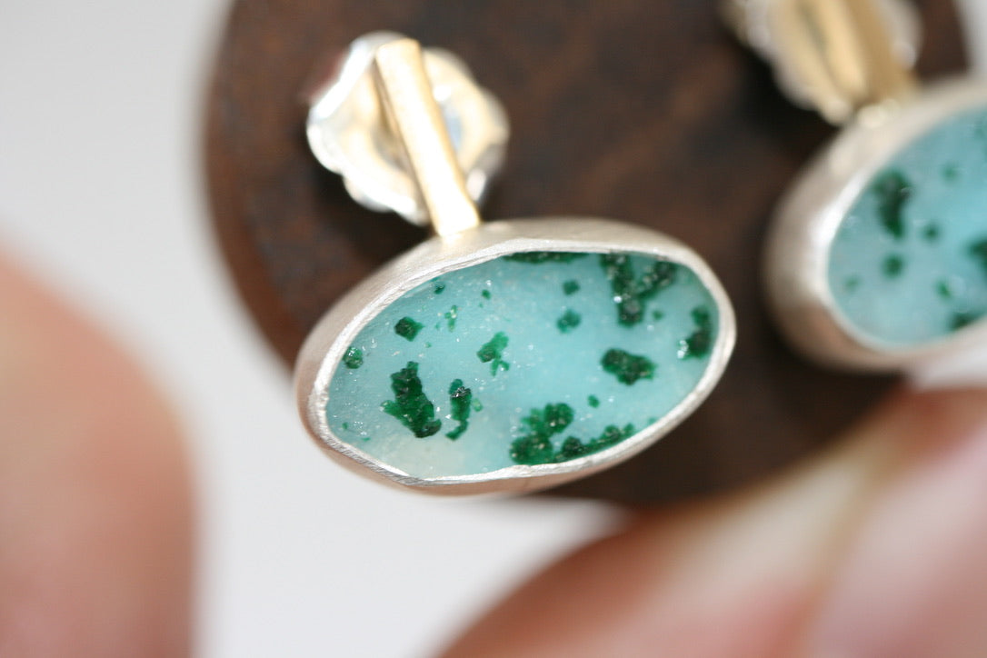 Chrysocolla Druzy with Malachite Crystals & 18k Yellow Gold Posts