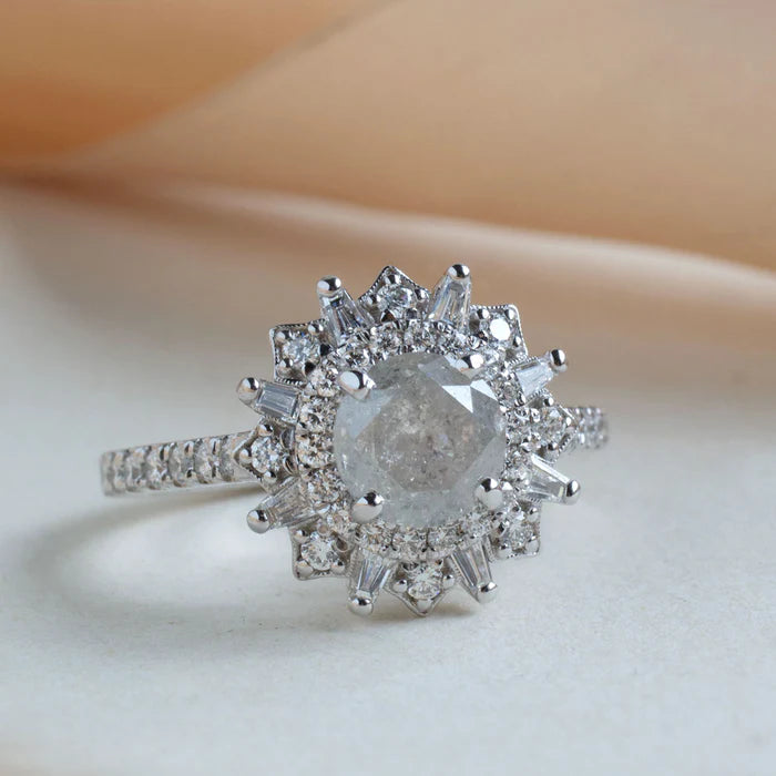Winter Solstice Ring - Ice Diamond - 14k White Gold Halo Engagement Ring