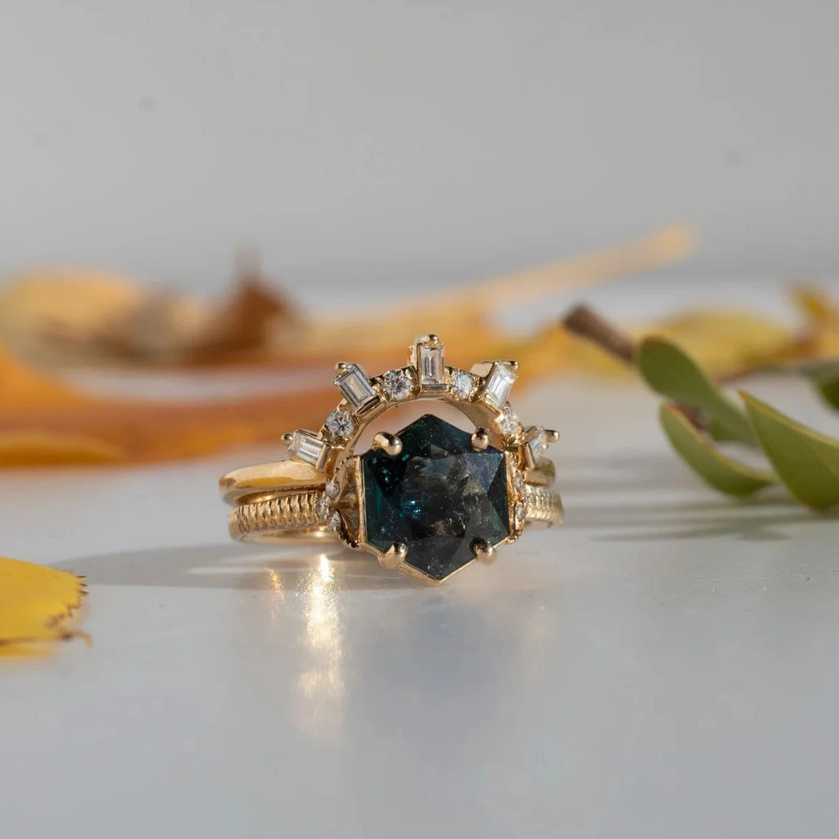 Sway Hexagon Sapphire Ring - 14k Yellow Gold Blue-Green Sapphire Engagement Ring