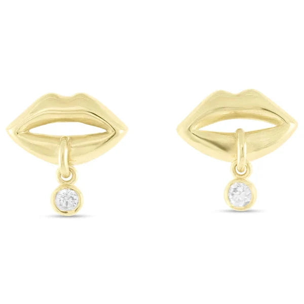 Gold Lips Earrings with Dangling Diamond - 14k Yellow Gold