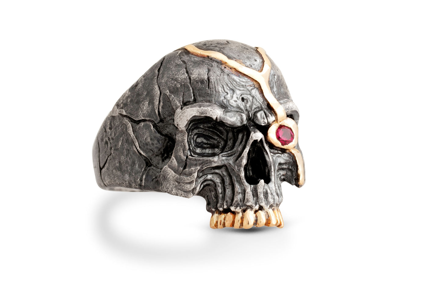 Skull Ring “Macbeth’s Fate” - Oxidized Silver & 14k Gold with Ruby Eye