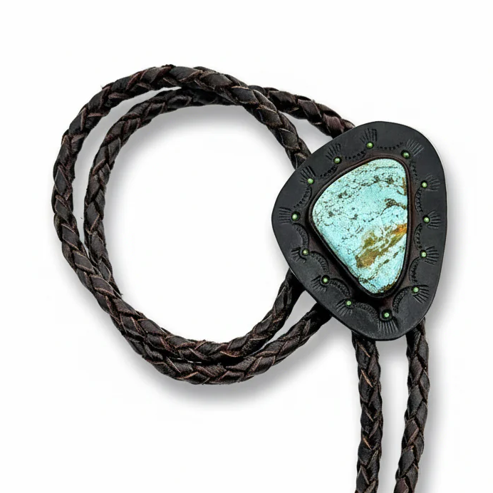Fox Turquoise Bolo Tie – Hand Tooled Leather – Deerskin Braided Cord