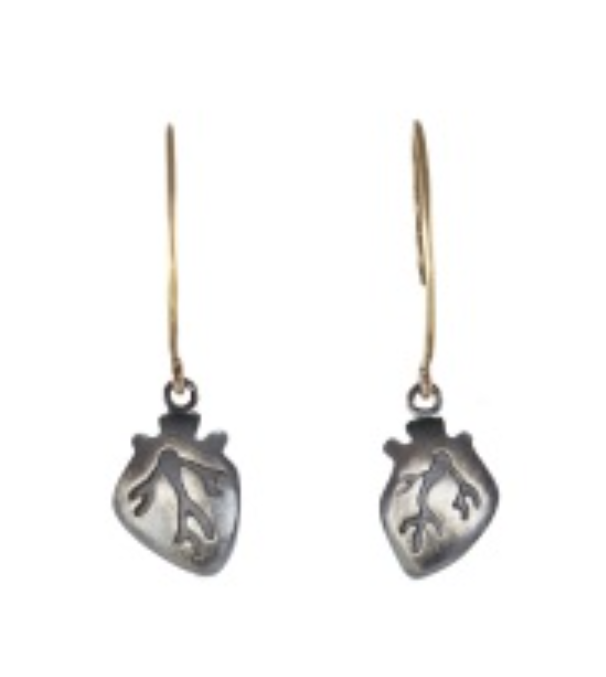 Small Hanging Heart Earrings - Sterling Silver & 14k Gold