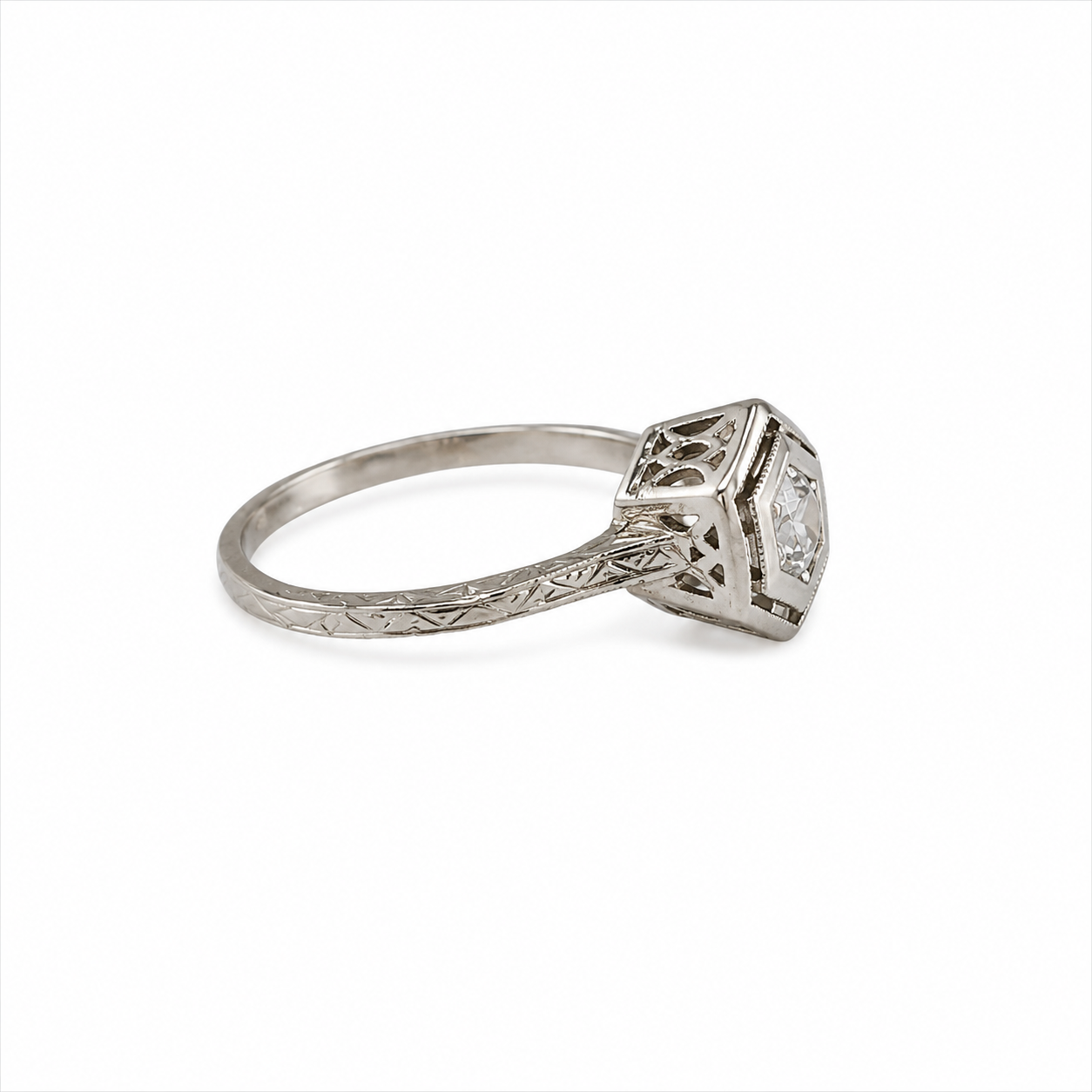 Hexagonal Art Deco Diamond Ring in 14k White Gold with 0.12ct European Cut Diamond