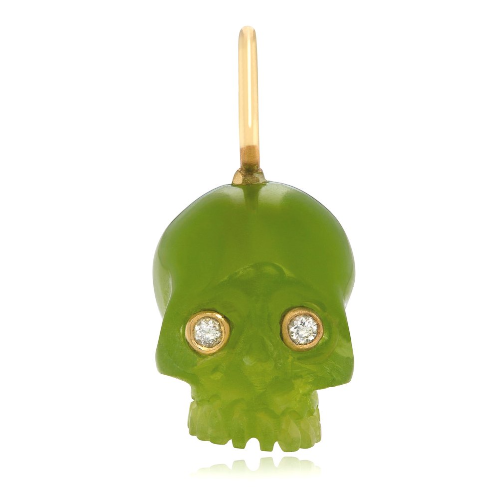 Grass Green Skull Baby – Chalcedony & Diamond 14k Gold Charm