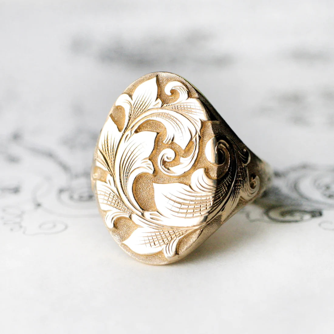 North–South Acanthus Signet Ring • 14k Yellow Gold • Hand-Engraved Heirloom Ring