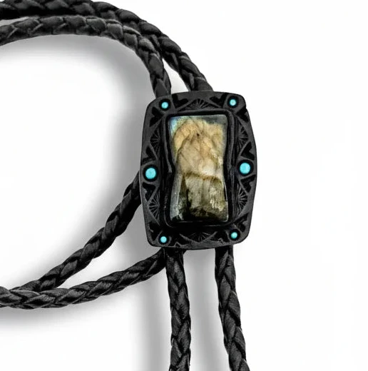 Labradorite Bolo Tie – Hand Tooled Leather – Deerskin Braided Cord