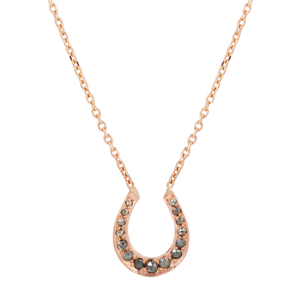 Lucky Horseshoe Necklace - 14k Rose Gold Salt and Pepper Diamonds
