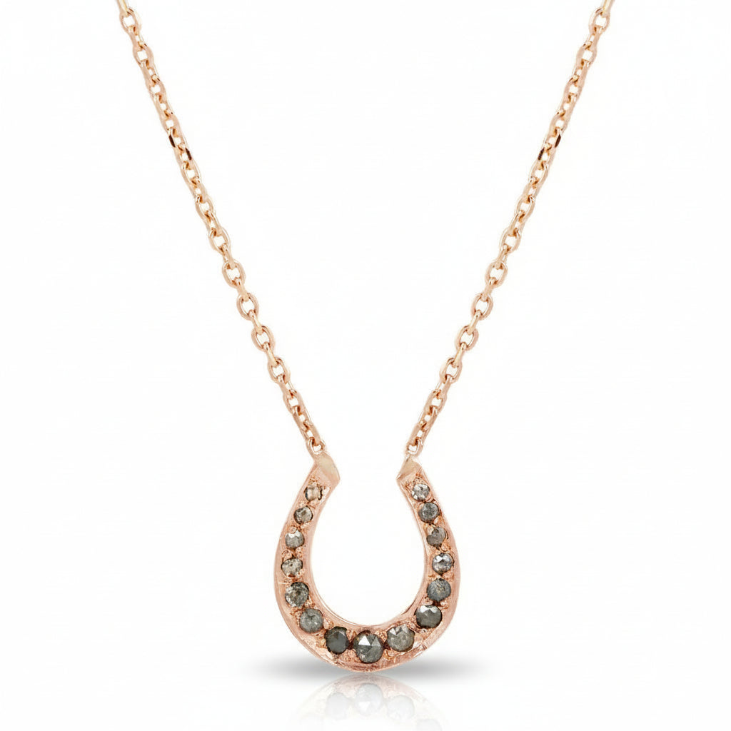 Lucky Horseshoe Necklace - 14k Rose Gold Salt and Pepper Diamonds