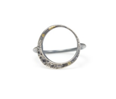 Mahina Crescent Moon Ring - Sterling Silver & 18k Gold - Black Diamonds