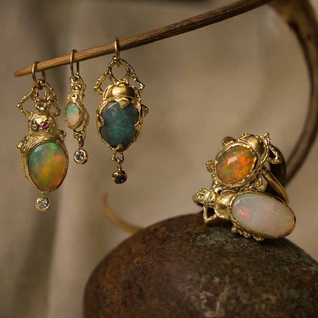 Mini Opal Beetle Charm - 14k Gold