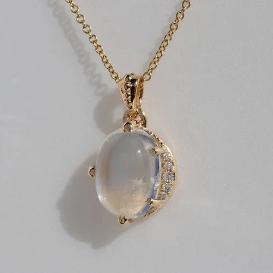 Moonstone Crescent Necklace – 14k Gold & Diamond Celestial Pendant