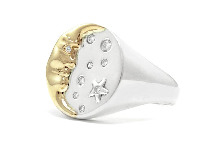 Moon Whisperer Signet Ring - 14k Yellow Gold and Sterling Silver Diamond Ring