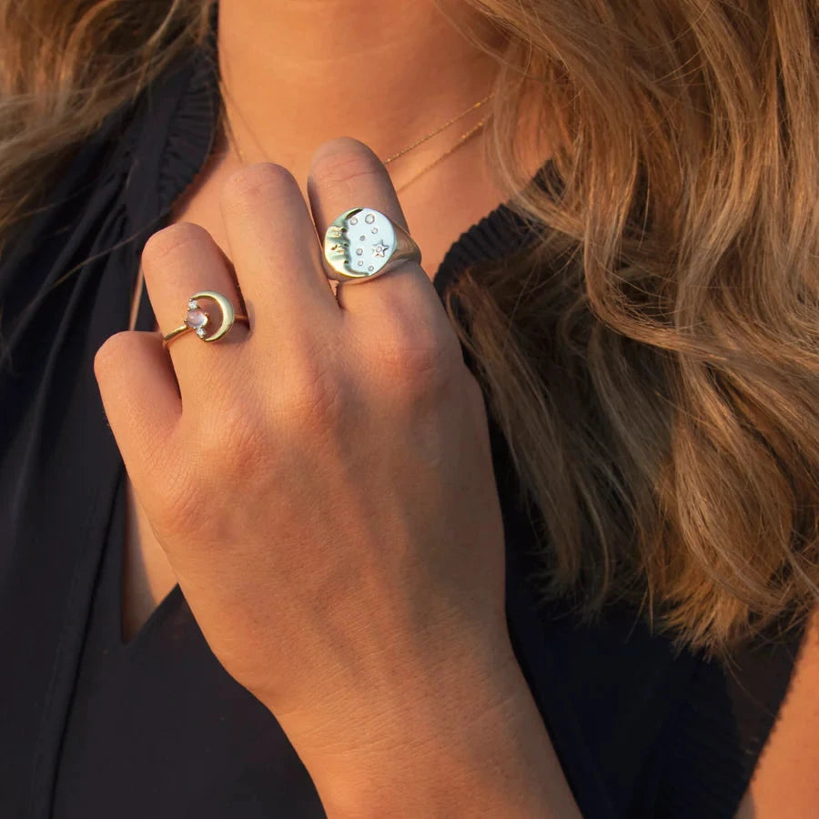 Moon Whisperer Signet Ring - 14k Yellow Gold and Sterling Silver Diamond Ring