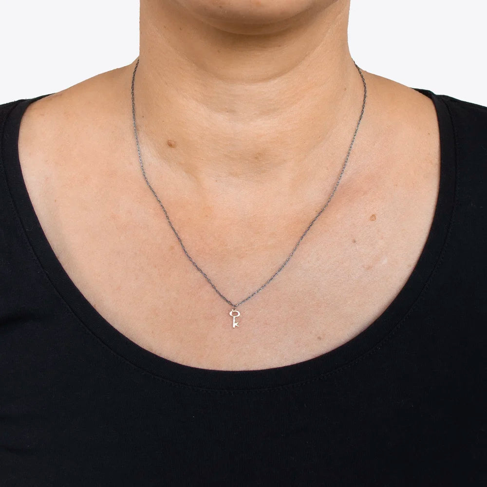 Tiny Golden Key Necklace - 14k Yellow Gold & Oxidized Sterling Silver