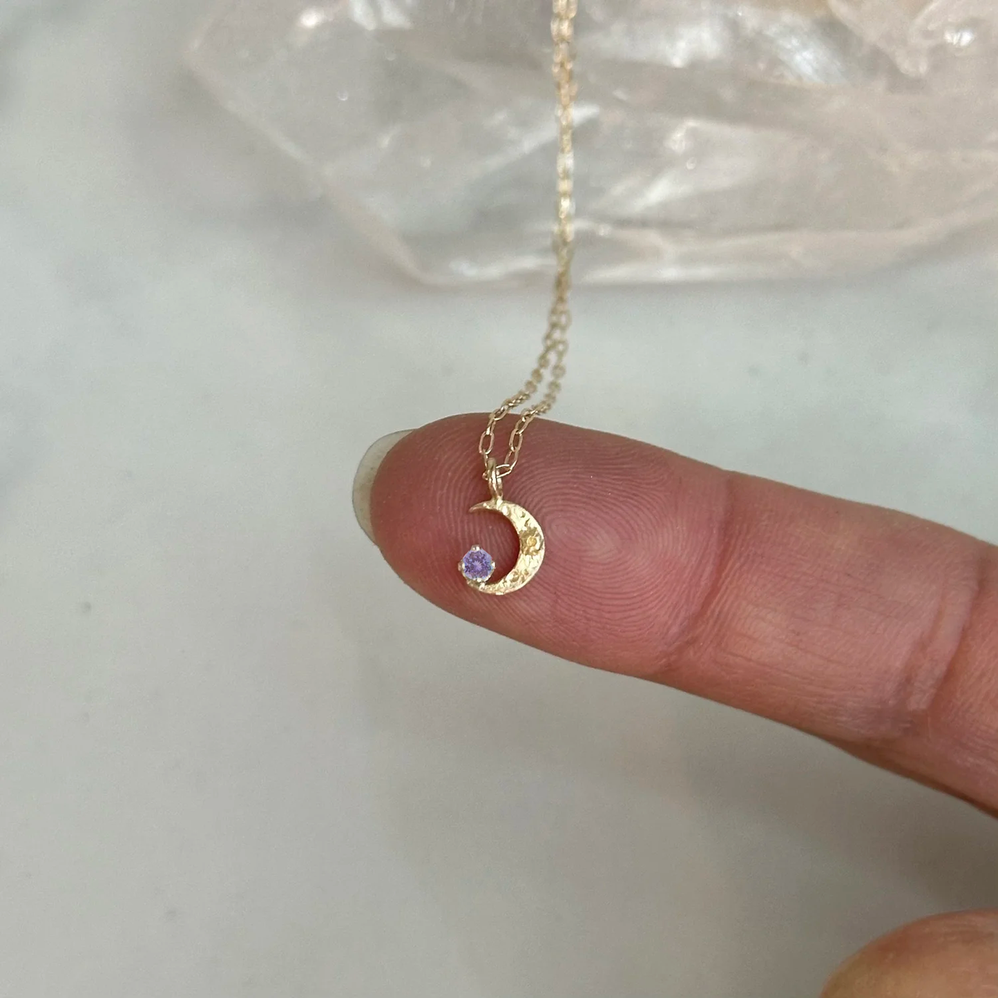 Tiny Gold Crescent Moon Necklace - Blue Sapphire & 14k Solid Yellow Gold