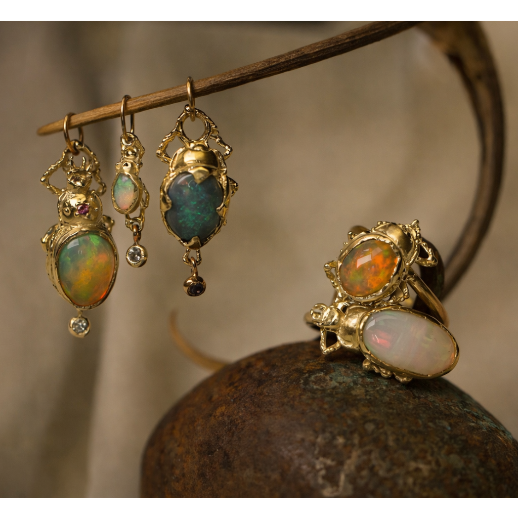 Semi-Black Opal Desert Beetle Charm - 14k Gold
