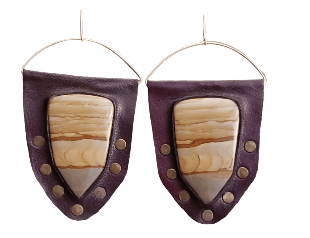 Picture Jasper Shield Earrings – Repurposed Leather & 14k Gold-Filled Wire