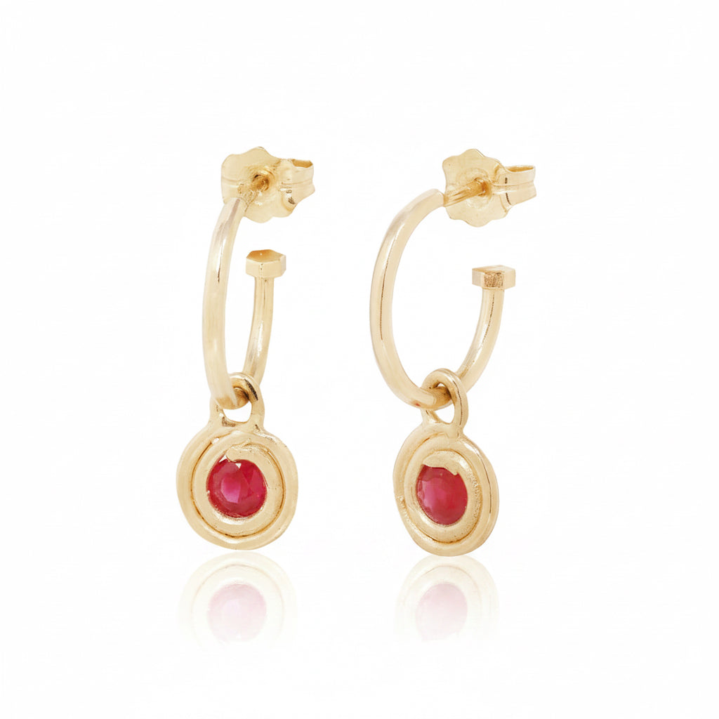 Ruby Spiral Huggie Hoop Earrings - 14K Gold