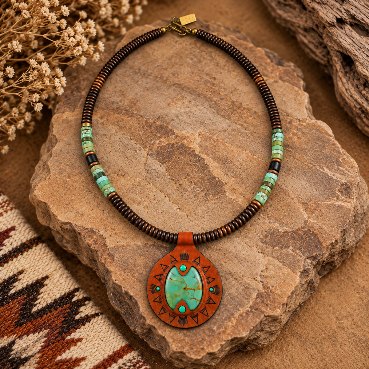 Hubei Turquoise Beaded Necklace – Brown Leather Pendant
