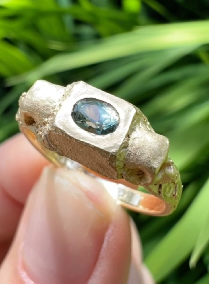 Skull Temple Ring -14k Gold & Oval Sapphire