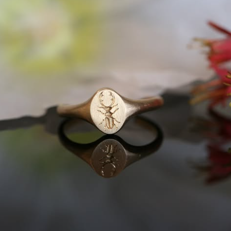 Mini Stag Beetle Signet – Hand-Engraved 14k Yellow Gold