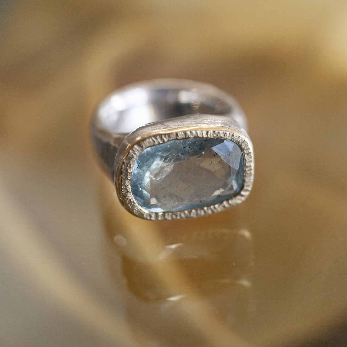 Aquamarine Shine Ring • Sterling Silver • 22k Gold Bezel