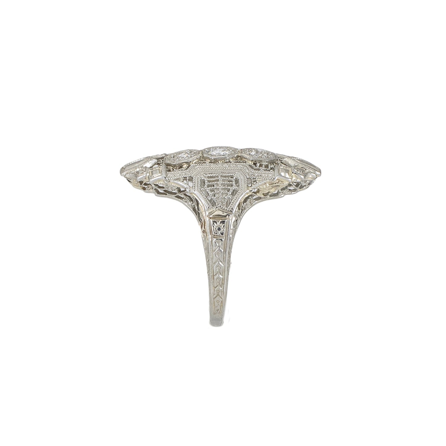 Navette 18k White Gold Filigree Diamond Ring - Vintage 1950s Art Deco