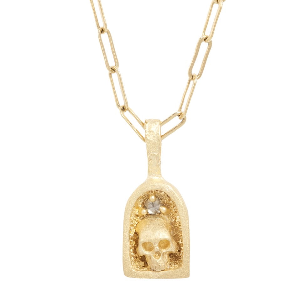 Skull Shrine Necklace - 14k Gold with Diamond