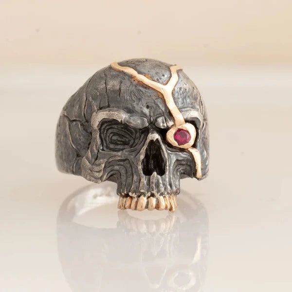 Skull Ring “Macbeth’s Fate” - Oxidized Silver & 14k Gold with Ruby Eye