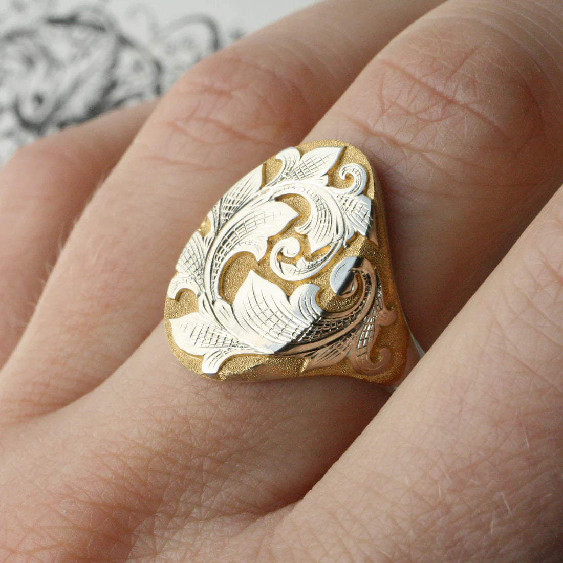 North-South Two-Tone Acanthus Signet Ring – Sterling Silver