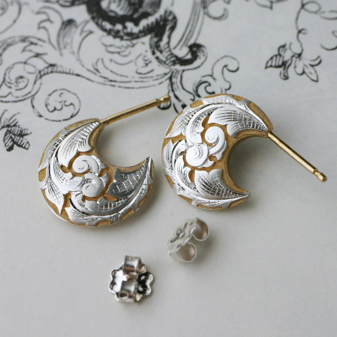 Two-Tone Sterling Silver Acanthus Disc Hoops