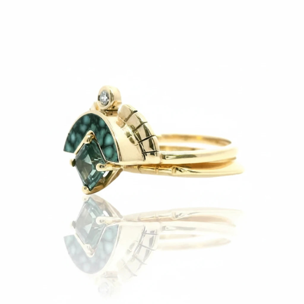 The Datsuzoku Set - 14k Gold, Montana Sapphire & Variscite Wedding Set
