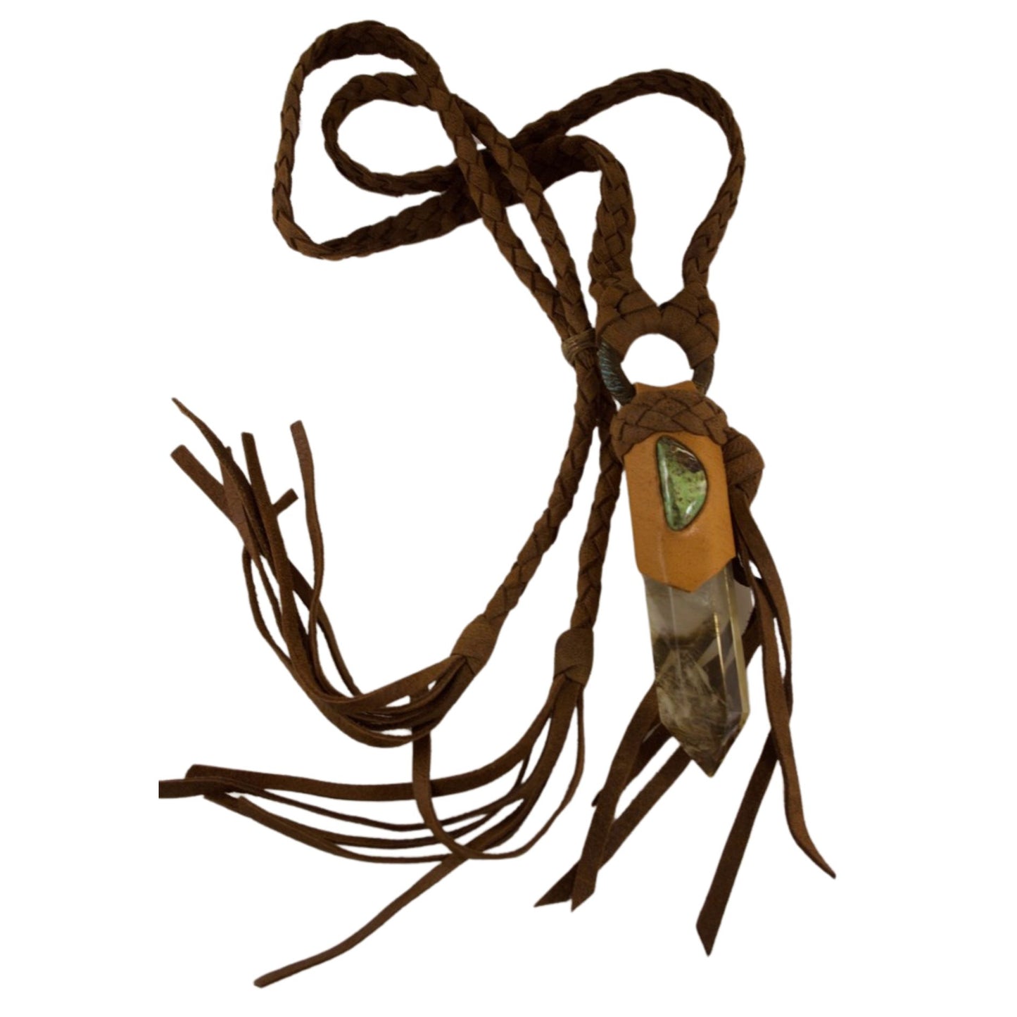 Gaspeite and Quartz Crystal Necklace in Repurposed Deer Hide