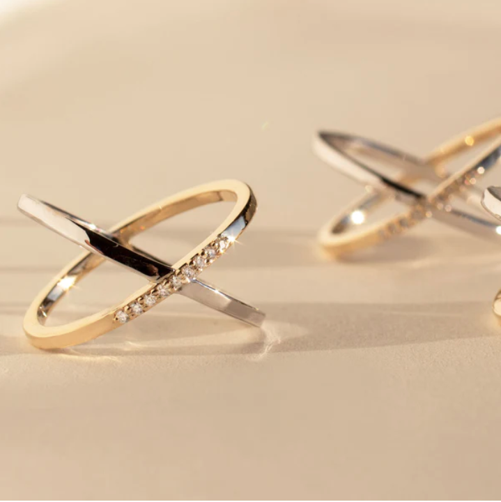 X Diamond Ring - 14k Yellow & White Gold with Diamonds