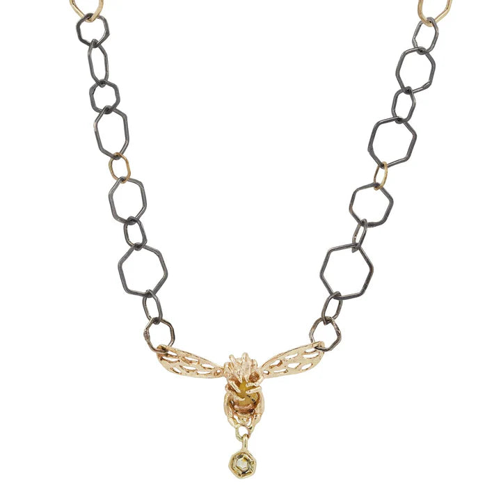 Bee Pendant – 14k Gold, Sterling Silver, Citrine and Montana Sapphire
