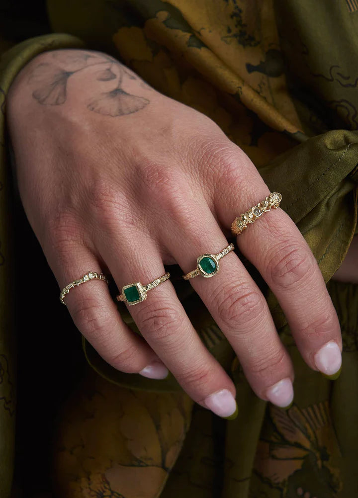 Square Emerald Metamorphic Ring II • 14k Yellow Gold • Hand-Carved Texture with Emerald Gemstone