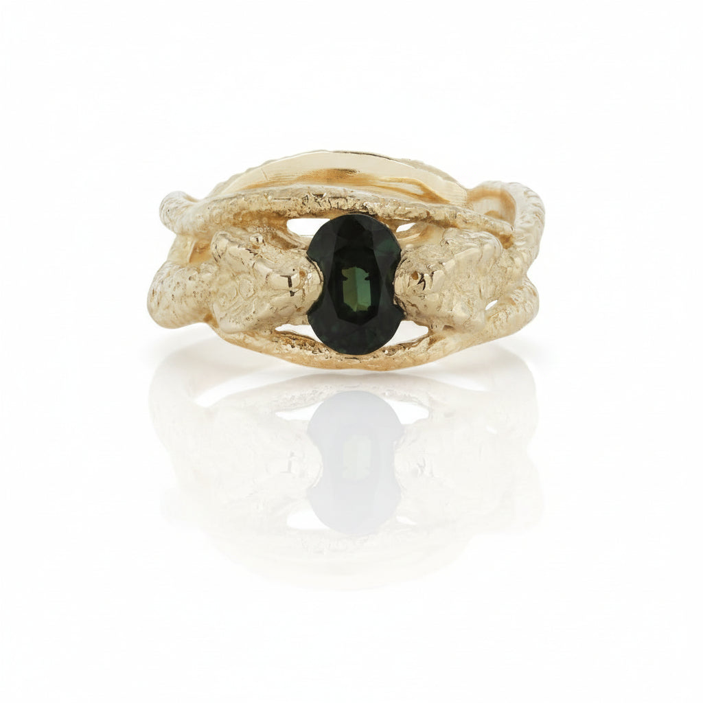 Slithering Snakes Ring – Recycled 14k Gold with Green Sapphire