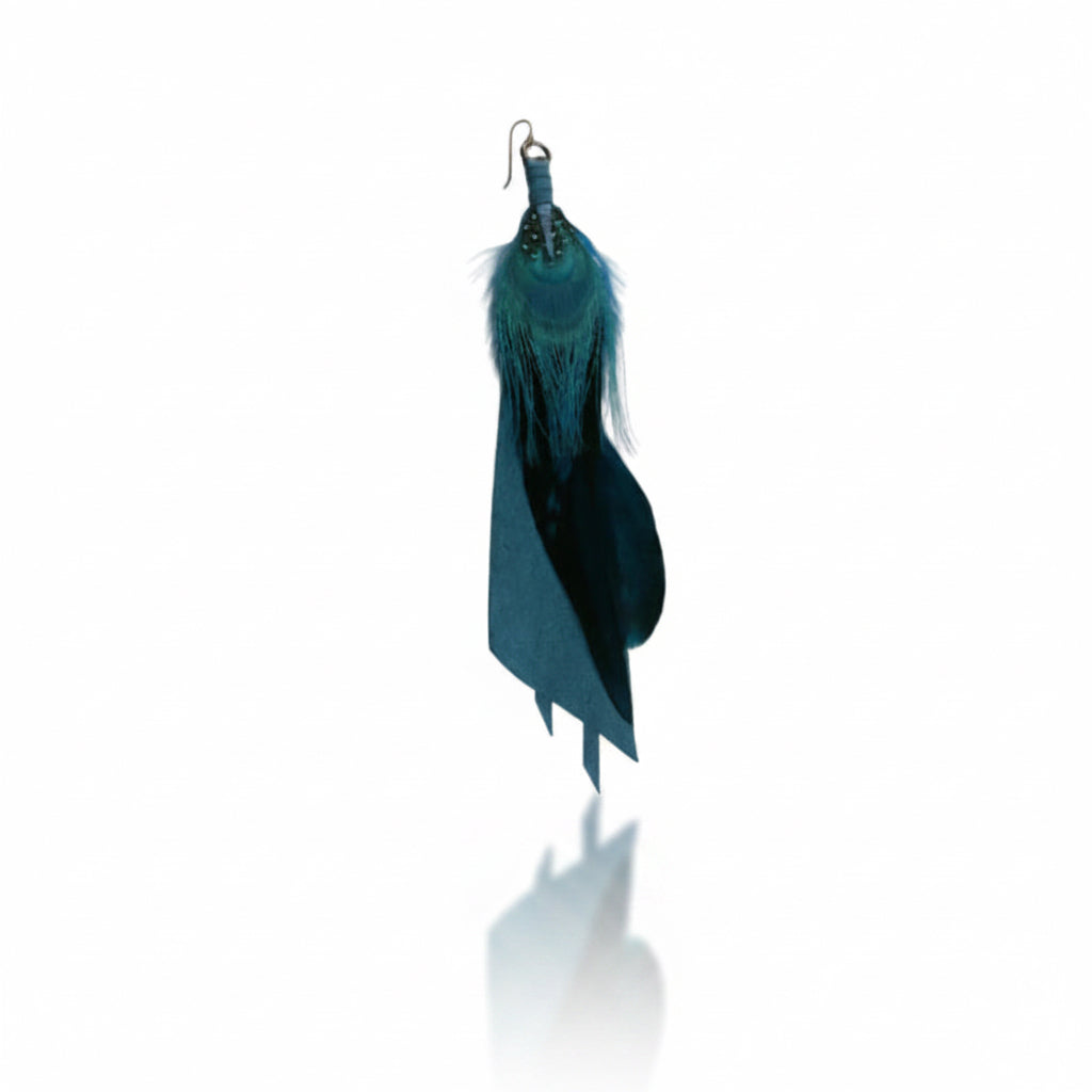 Blue Feather Drop Earrings - Repurposed Leather & Sterling Silver