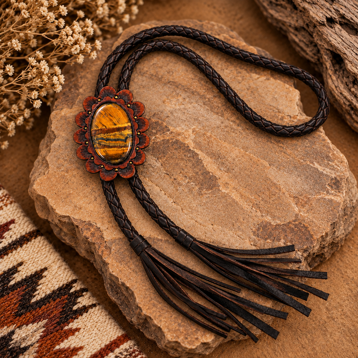 One-of-a-kind tiger eye bolo tie by Kelly Horrigan displayed on rustic leather, featuring a hand-tooled floral leather setting, dark braided cord, and long leather fringe.