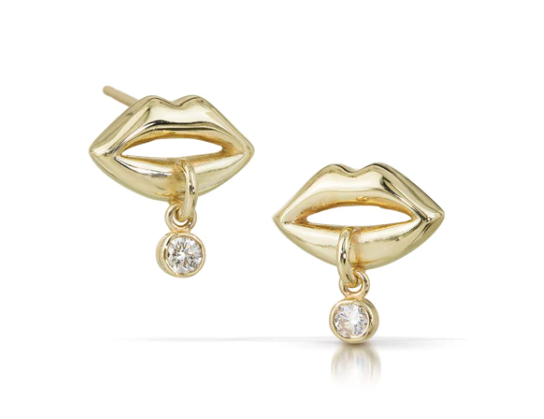 Gold Lips Earrings with Dangling Diamond - 14k Yellow Gold