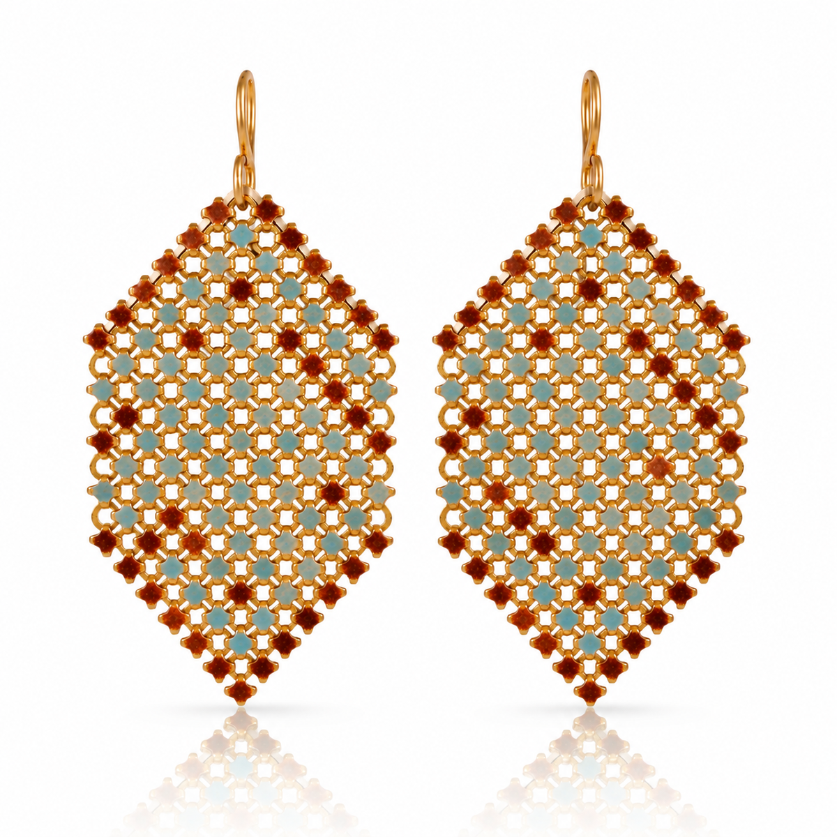 Soft Blue & Brown Earrings by Maral Rapp, handcrafted from recycled vintage flapper purse mesh with geometric patterns in soft blue, earthy brown, cream and warm metallic tones, finished with 14k gold-filled ear wires.