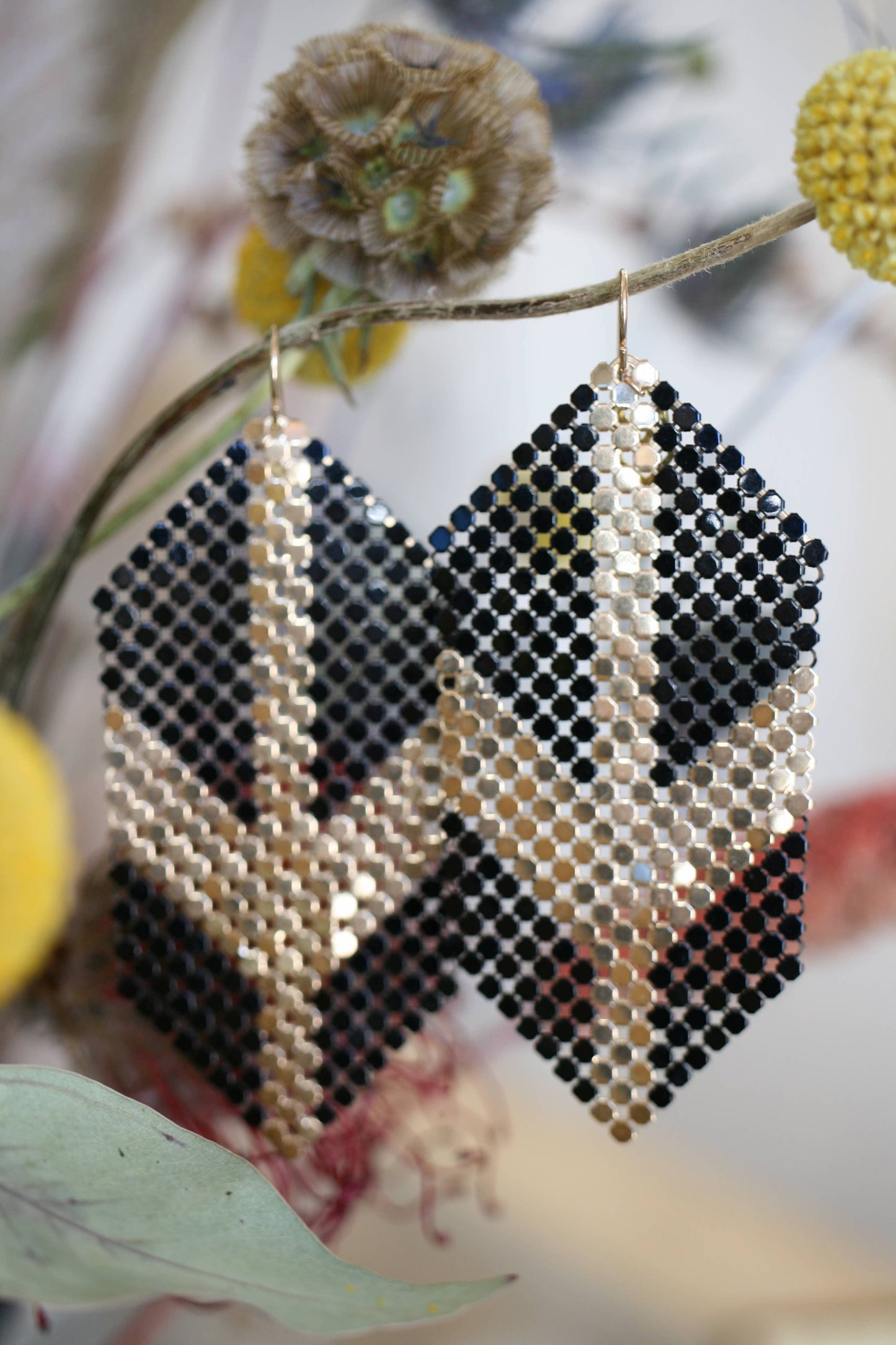 Deco Glam Arrow Earrings - Vintage Mesh & Gold-Filled Wires